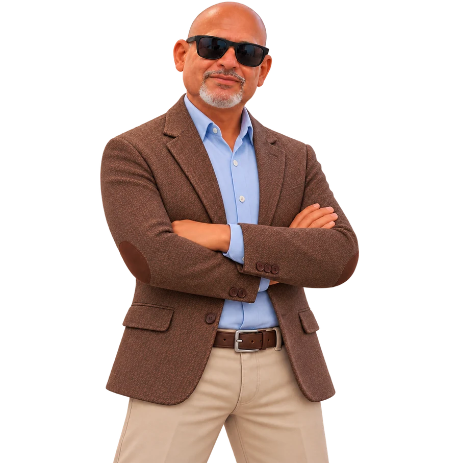 Professor Álvaro Amorim de blazer, braços cruzados e óculos escuros